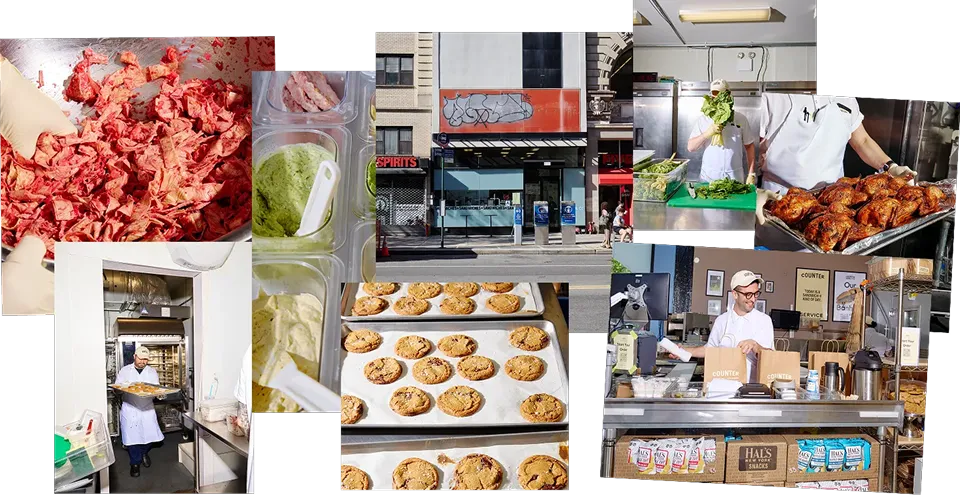 Roasted meats, sauces, cookies on the tray, the storefront, and the counter mid-service